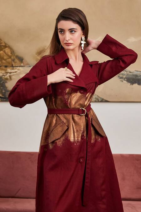 POZRUH_Maroon Wool Foil Printing Collared Blaze Metallic Trench Jacket_Online_at_Aza_Fashions