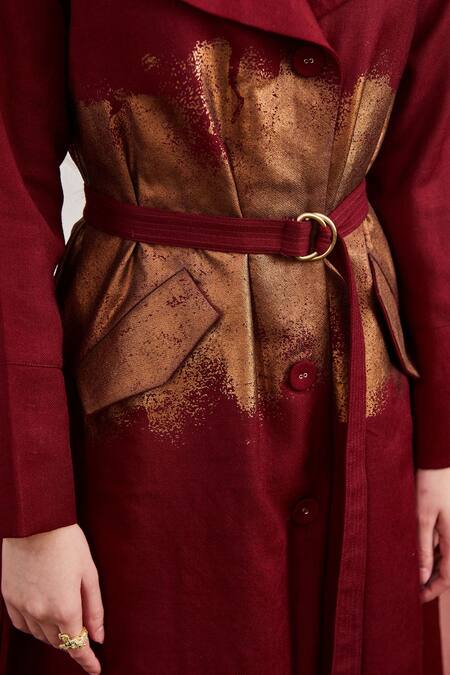 Buy_POZRUH_Maroon Wool Foil Printing Collared Blaze Metallic Trench Jacket_Online_at_Aza_Fashions