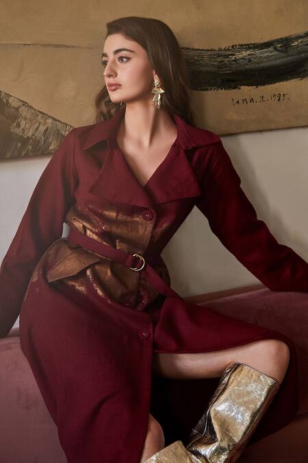 Shop_POZRUH_Maroon Wool Foil Printing Collared Blaze Metallic Trench Jacket_Online_at_Aza_Fashions