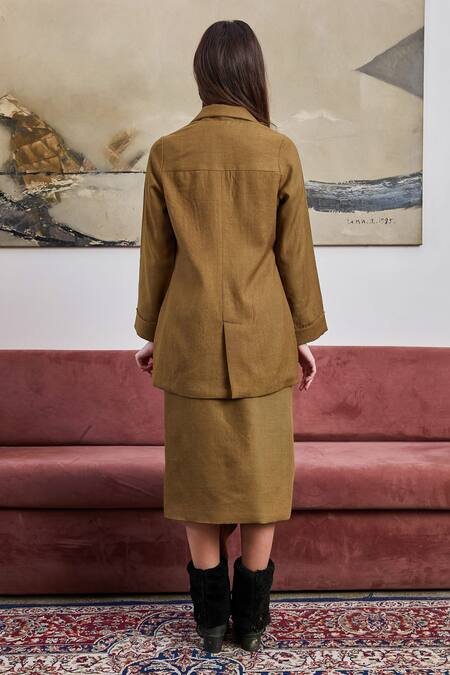 Shop Pozruh By Aiman Brown Wool Embroidery Collared Acorn Hand Jacket at Aza Fashions Shop_Pozruh By Aiman_Brown Wool Embroidery Collared Acorn Hand Jacket_at_Aza_Fashions