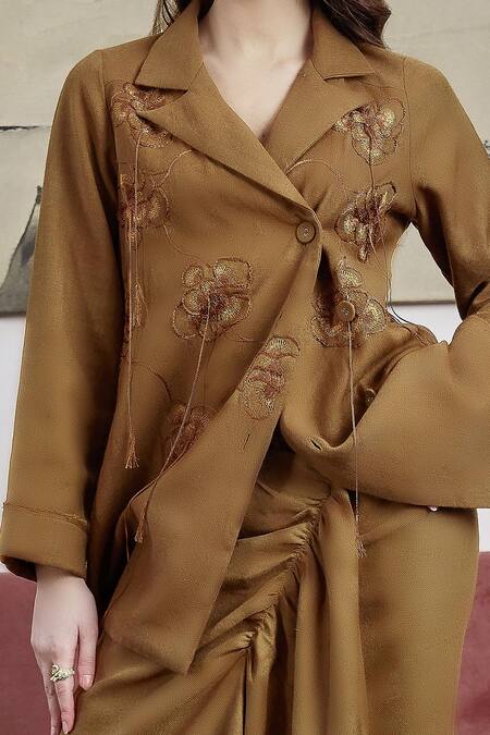 Buy Pozruh By Aiman Brown Wool Embroidery Collared Acorn Hand Jacket Online at Aza Fashions Buy_Pozruh By Aiman_Brown Wool Embroidery Collared Acorn Hand Jacket_Online_at_Aza_Fashions