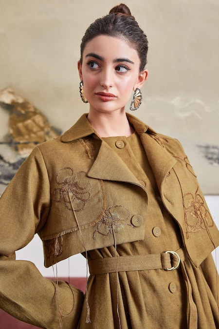 Buy_POZRUH_Brown Wool Tassels Collared Phoenix Embroidered Jacket_Online_at_Aza_Fashions