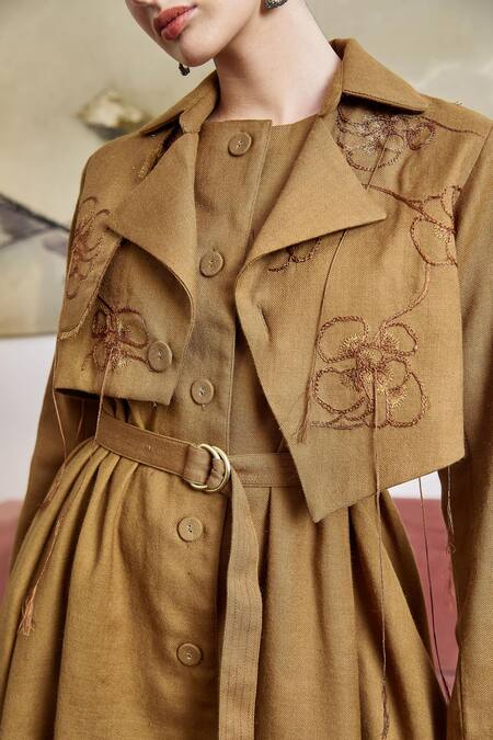 Shop_POZRUH_Brown Wool Tassels Collared Phoenix Embroidered Jacket_Online_at_Aza_Fashions