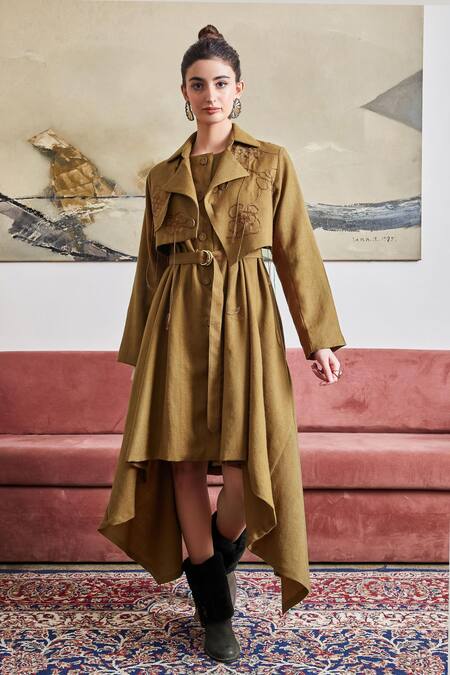 POZRUH_Brown Wool Round Neck Phoenix Asymmetric Dress With Belt_Online_at_Aza_Fashions