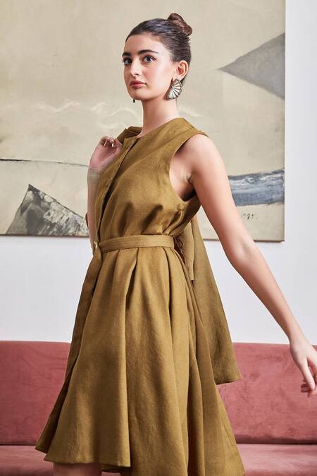 Buy_POZRUH_Brown Wool Round Neck Phoenix Asymmetric Dress With Belt_Online_at_Aza_Fashions