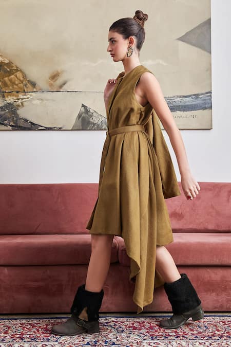 Shop_POZRUH_Brown Wool Round Neck Phoenix Asymmetric Dress With Belt_Online_at_Aza_Fashions