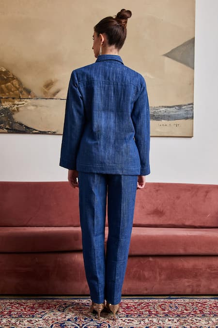 Shop Pozruh By Aiman Blue Denim Embroidery Collared Nebraska Shirt at Aza Fashions Shop_Pozruh By Aiman_Blue Denim Embroidery Collared Nebraska Shirt _at_Aza_Fashions