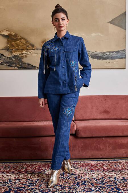 Pozruh By Aiman Blue Denim Embroidery Collared Nebraska Shirt Online at Aza Fashions Pozruh By Aiman_Blue Denim Embroidery Collared Nebraska Shirt _Online_at_Aza_Fashions