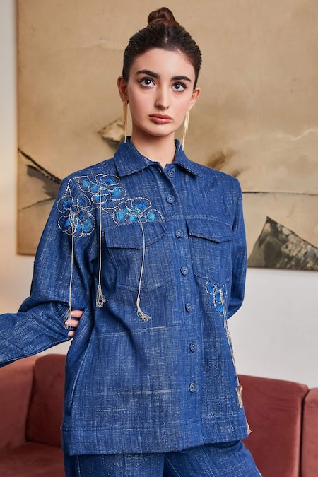 Floral Embroidered Long Sleeve Denim Shirt - Western Shirt – Don Max Western