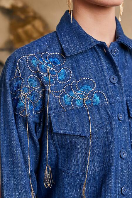 Shop Pozruh By Aiman Blue Denim Embroidery Collared Nebraska Shirt Online at Aza Fashions Shop_Pozruh By Aiman_Blue Denim Embroidery Collared Nebraska Shirt _Online_at_Aza_Fashions