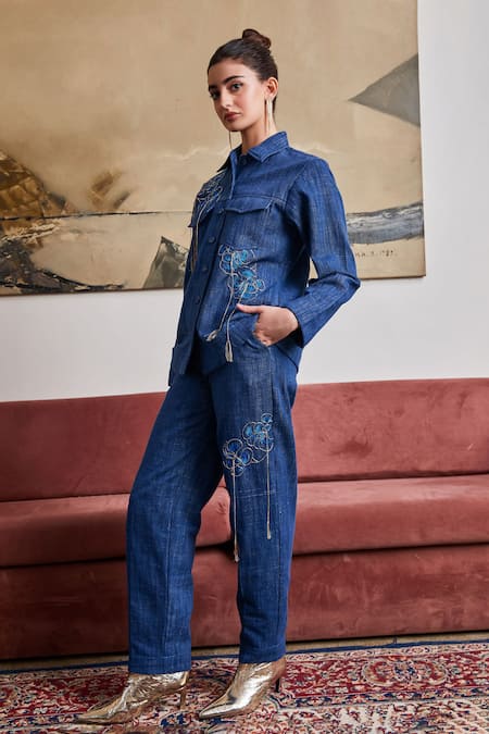 Shop Pozruh By Aiman Blue Denim Embroidery Collared Nebraska Shirt With Pant Online at Aza Fashions Shop_Pozruh By Aiman_Blue Denim Embroidery Collared Nebraska Shirt With Pant _Online_at_Aza_Fashions