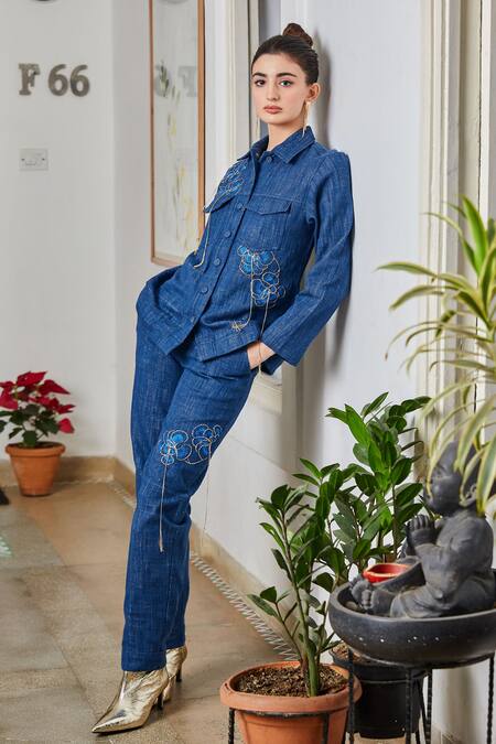 Shop_Pozruh By Aiman_Blue Denim Placement Embroidery Floral Nebraska Tapered Pant  _at_Aza_Fashions