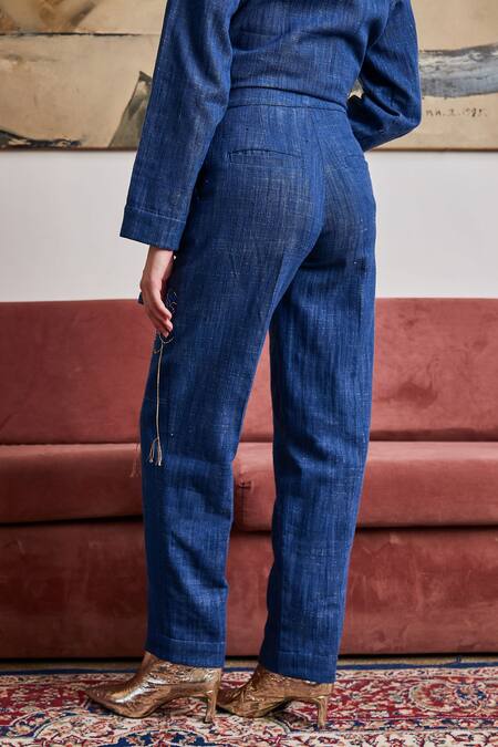 Pozruh By Aiman_Blue Denim Placement Embroidery Floral Nebraska Tapered Pant  _Online_at_Aza_Fashions