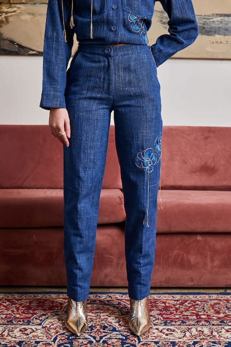 Buy_Pozruh By Aiman_Blue Denim Placement Embroidery Floral Nebraska Tapered Pant  _Online_at_Aza_Fashions