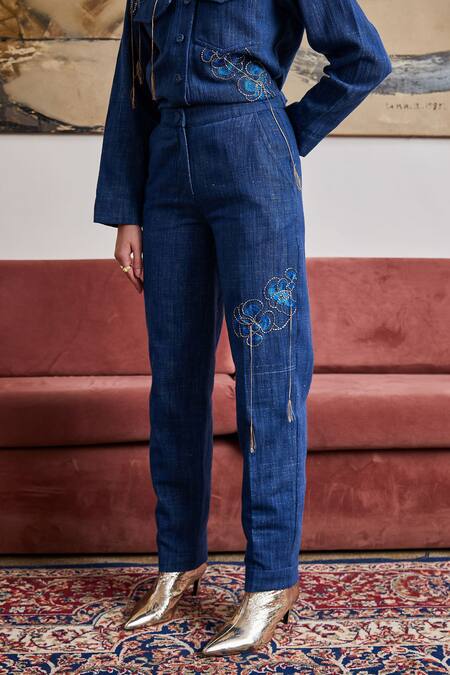 Shop_Pozruh By Aiman_Blue Denim Placement Embroidery Floral Nebraska Tapered Pant  _Online_at_Aza_Fashions