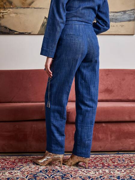 Pozruh By Aiman_Blue Denim Placement Embroidery Floral Nebraska Tapered Pant  _at_Aza_Fashions
