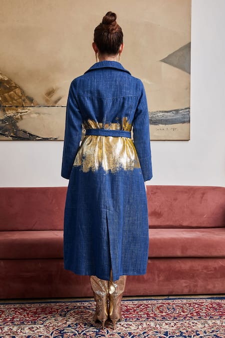 Shop Pozruh By Aiman Blue Denim Foil Printing Collared Blaze Trench Jacket at Aza Fashions Shop_Pozruh By Aiman_Blue Denim Foil Printing Collared Blaze Trench Jacket _at_Aza_Fashions