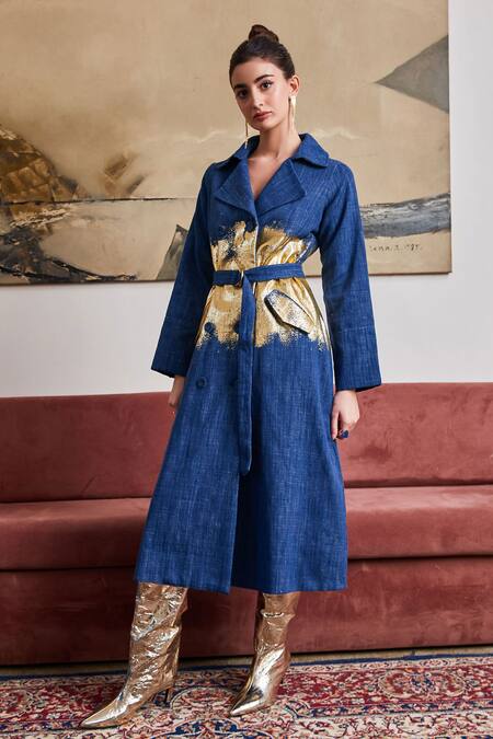 Buy Pozruh By Aiman Blue Denim Foil Printing Collared Blaze Trench Jacket Online at Aza Fashions Buy_Pozruh By Aiman_Blue Denim Foil Printing Collared Blaze Trench Jacket _Online_at_Aza_Fashions