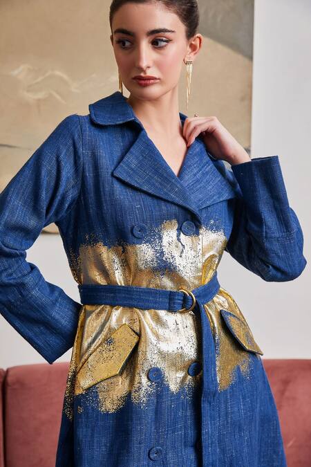 Shop Pozruh By Aiman Blue Denim Foil Printing Collared Blaze Trench Jacket Online at Aza Fashions Shop_Pozruh By Aiman_Blue Denim Foil Printing Collared Blaze Trench Jacket _Online_at_Aza_Fashions