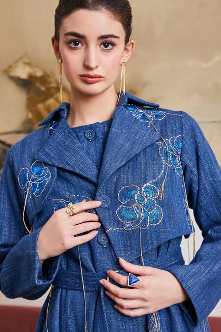 Buy Pozruh By Aiman Blue Denim Embroidery Collared Phoenix Jacket Online at Aza Fashions Buy_Pozruh By Aiman_Blue Denim Embroidery Collared Phoenix Jacket _Online_at_Aza_Fashions