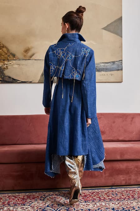 Shop Pozruh By Aiman Blue Denim Tassels, Embroidery Collared Phoenix Asymmetric Dress With Jacket at Aza Fashions Shop_Pozruh By Aiman_Blue Denim Tassels, Embroidery Collared Phoenix Asymmetric Dress With Jacket _at_Aza_Fashions