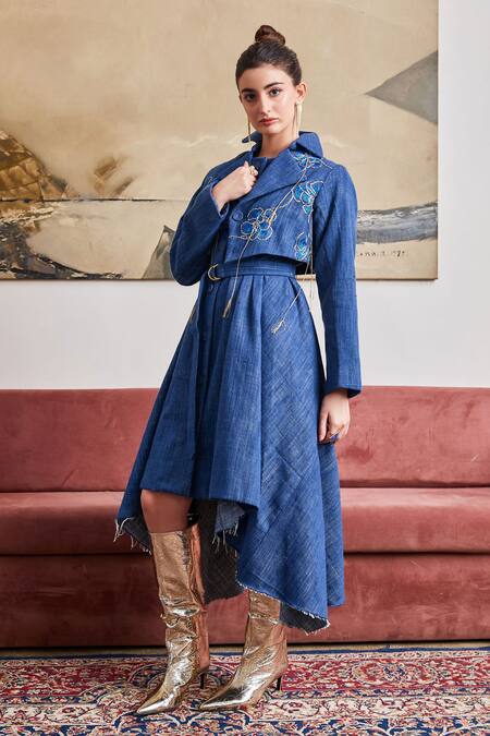 Pozruh By Aiman Blue Denim Tassels, Embroidery Collared Phoenix Asymmetric Dress With Jacket Online at Aza Fashions Pozruh By Aiman_Blue Denim Tassels, Embroidery Collared Phoenix Asymmetric Dress With Jacket _Online_at_Aza_Fashions