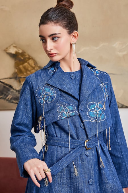 Buy Pozruh By Aiman Blue Denim Tassels, Embroidery Collared Phoenix Asymmetric Dress With Jacket Online at Aza Fashions Buy_Pozruh By Aiman_Blue Denim Tassels, Embroidery Collared Phoenix Asymmetric Dress With Jacket _Online_at_Aza_Fashions