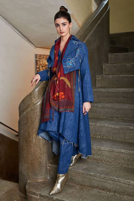 Shop Pozruh By Aiman Blue Denim Tassels, Embroidery Collared Phoenix Asymmetric Dress With Jacket Online at Aza Fashions Shop_Pozruh By Aiman_Blue Denim Tassels, Embroidery Collared Phoenix Asymmetric Dress With Jacket _Online_at_Aza_Fashions