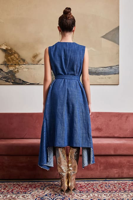 Shop Pozruh By Aiman Blue Denim Round Neck Phoenix Asymmetric Dress at Aza Fashions Shop_Pozruh By Aiman_Blue Denim Round Neck Phoenix Asymmetric Dress _at_Aza_Fashions