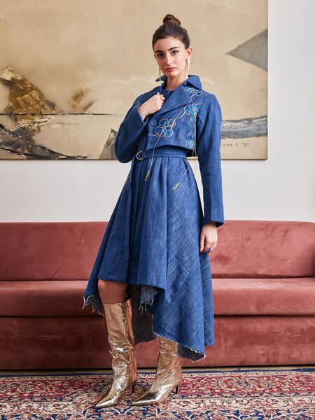 Pozruh By Aiman Blue Denim Round Neck Phoenix Asymmetric Dress Online at Aza Fashions Pozruh By Aiman_Blue Denim Round Neck Phoenix Asymmetric Dress _Online_at_Aza_Fashions