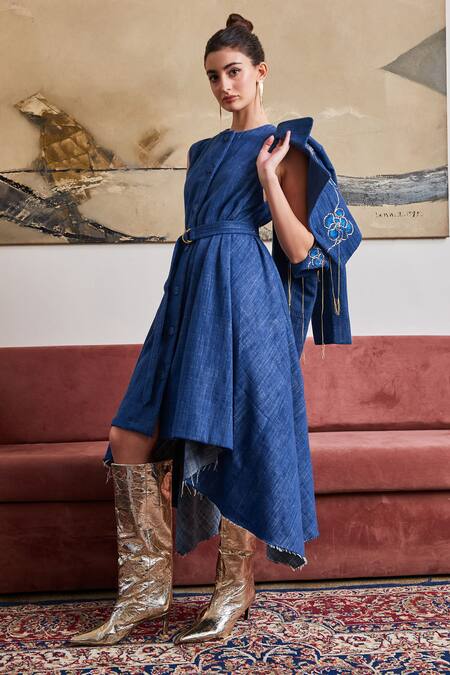 Buy Pozruh By Aiman Blue Denim Round Neck Phoenix Asymmetric Dress Online at Aza Fashions Buy_Pozruh By Aiman_Blue Denim Round Neck Phoenix Asymmetric Dress _Online_at_Aza_Fashions