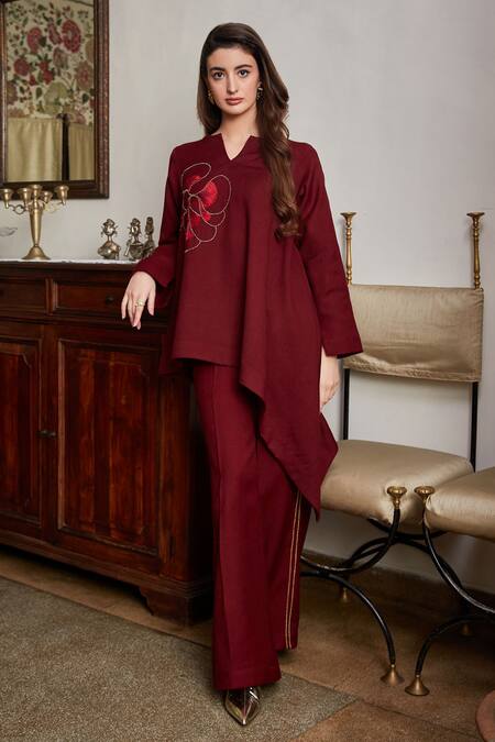 Shop Pozruh By Aiman Maroon Wool Embroidery Saffrom Straight Trouser Online at Aza Fashions Shop_Pozruh By Aiman_Maroon Wool Embroidery Saffrom Straight Trouser _Online_at_Aza_Fashions