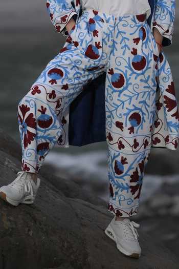 RAAS LIFE_White Cotton Embroidery Dadam Suzani Trouser _at_Aza_Fashions