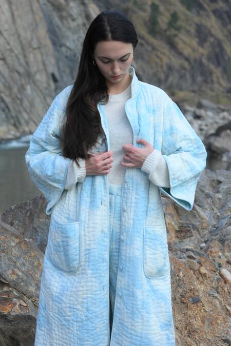 Shop_RAAS LIFE_Blue Cotton Collared Himani Ben Tie-dye Pattern Trench Coat _Online_at_Aza_Fashions