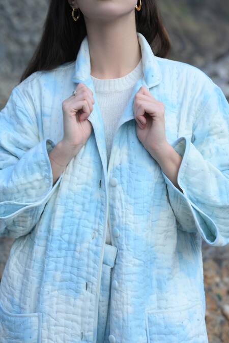 RAAS LIFE_Blue Cotton Collared Himani Ben Tie-dye Pattern Trench Coat _at_Aza_Fashions