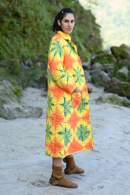 Shop_RAAS LIFE_Yellow Cotton Collared Koki Ben Tie-dye Pattern Trench Coat _Online_at_Aza_Fashions