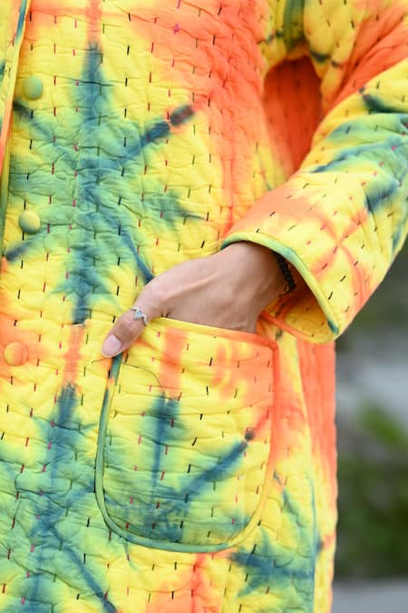 RAAS LIFE_Yellow Cotton Collared Koki Ben Tie-dye Pattern Trench Coat _at_Aza_Fashions