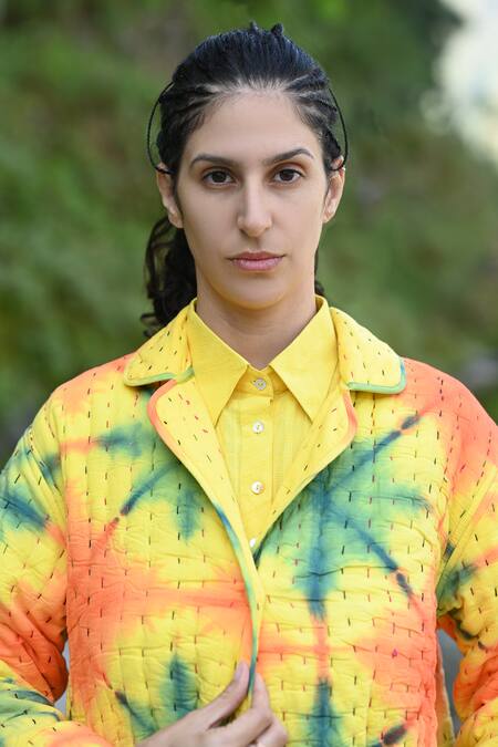 Buy_RAAS LIFE_Yellow Cotton Collared Koki Ben Tie-dye Pattern Trench Coat 