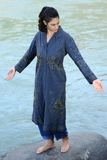 Buy_RAAS LIFE_Blue Cotton Embroidery Leela Ben Zari Trench Coat _Online_at_Aza_Fashions