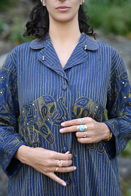 RAAS LIFE_Blue Cotton Embroidery Leela Ben Zari Trench Coat _at_Aza_Fashions