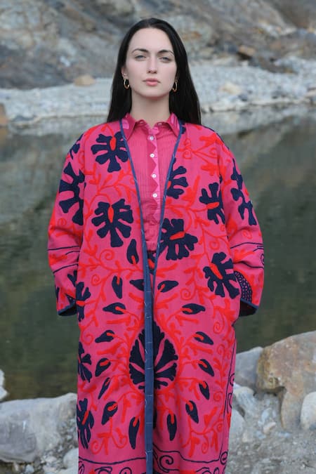 Buy_RAAS LIFE_Pink Cotton Embroidery Round Neck Mithi Ben Suzani Jacket _Online_at_Aza_Fashions