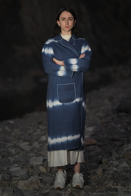 RAAS LIFE_Blue Cotton Naina Ben Tie-dye Pattern Trench Coat _Online_at_Aza_Fashions