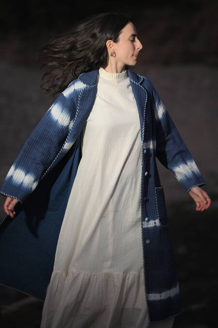 Buy_RAAS LIFE_Blue Cotton Naina Ben Tie-dye Pattern Trench Coat _Online_at_Aza_Fashions