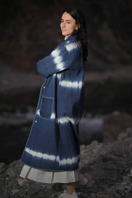 Shop_RAAS LIFE_Blue Cotton Naina Ben Tie-dye Pattern Trench Coat _Online_at_Aza_Fashions