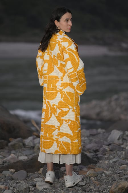 RAAS LIFE_Yellow Cotton Embroidery Collared Peedi Ben Kantha Jacket _Online_at_Aza_Fashions