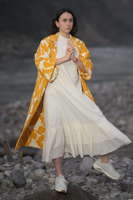 Shop_RAAS LIFE_Yellow Cotton Embroidery Collared Peedi Ben Kantha Jacket _Online_at_Aza_Fashions