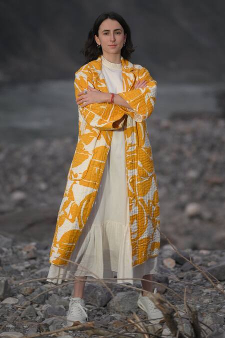 RAAS LIFE_Yellow Cotton Embroidery Collared Peedi Ben Kantha Jacket _at_Aza_Fashions