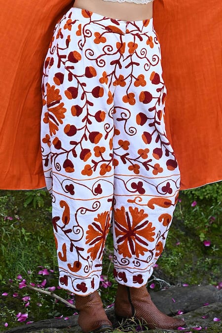 Shop_RAAS LIFE_White Cotton Embroidery Sarad Ben Suzani Trouser _Online_at_Aza_Fashions