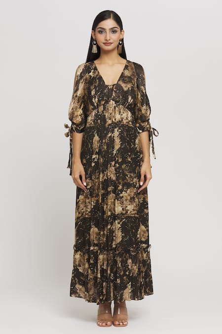 Whimsical By Shica_Black Chiffon V-neck Tree Print Draped Dress _Online_at_Aza_Fashions