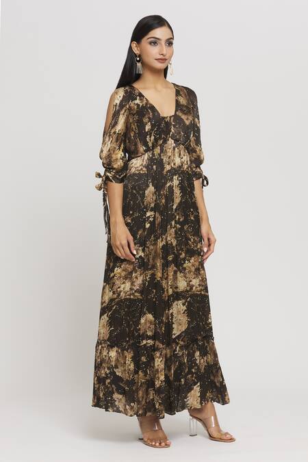 Buy_Whimsical By Shica_Black Chiffon V-neck Tree Print Draped Dress _Online_at_Aza_Fashions